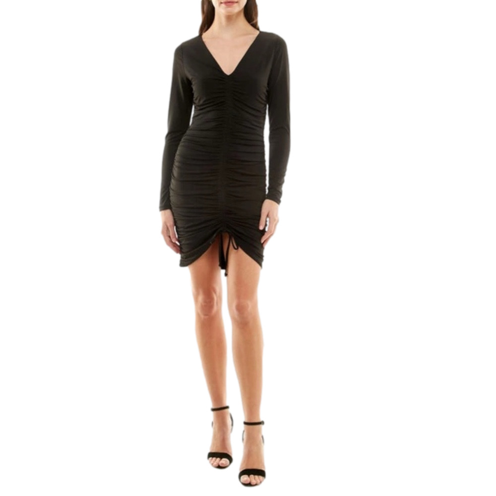 Socialite XS V-NECK LONG SLEEVE RUCHED DRESS IN BLACK NWOT